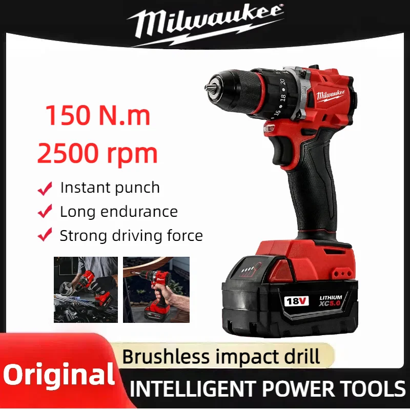 

Milwaukee Brushless Impact Drill 18V/20V Cordless Electric Drill 20+3 Torque Impact Drill Hammer Multifunctional Power Tools