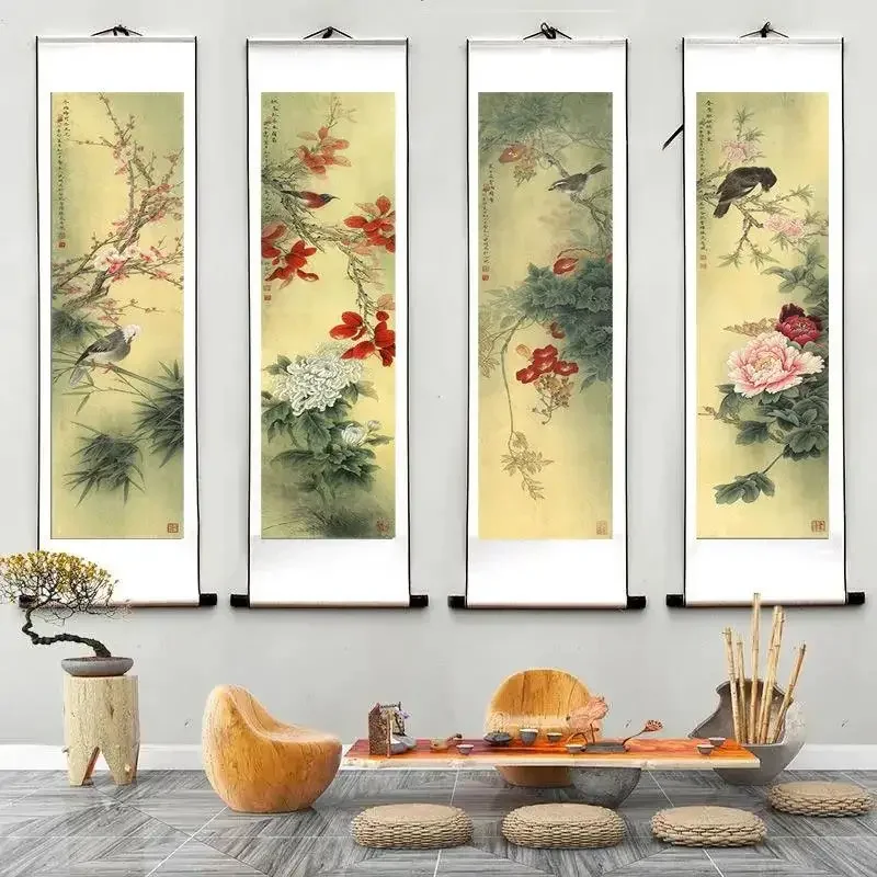 Chinese Style Birds Flower Poster, Wall Art, Canvas Painting, Scroll Hanging Painting, Living Room, Home, Office Decor, 4Pcs