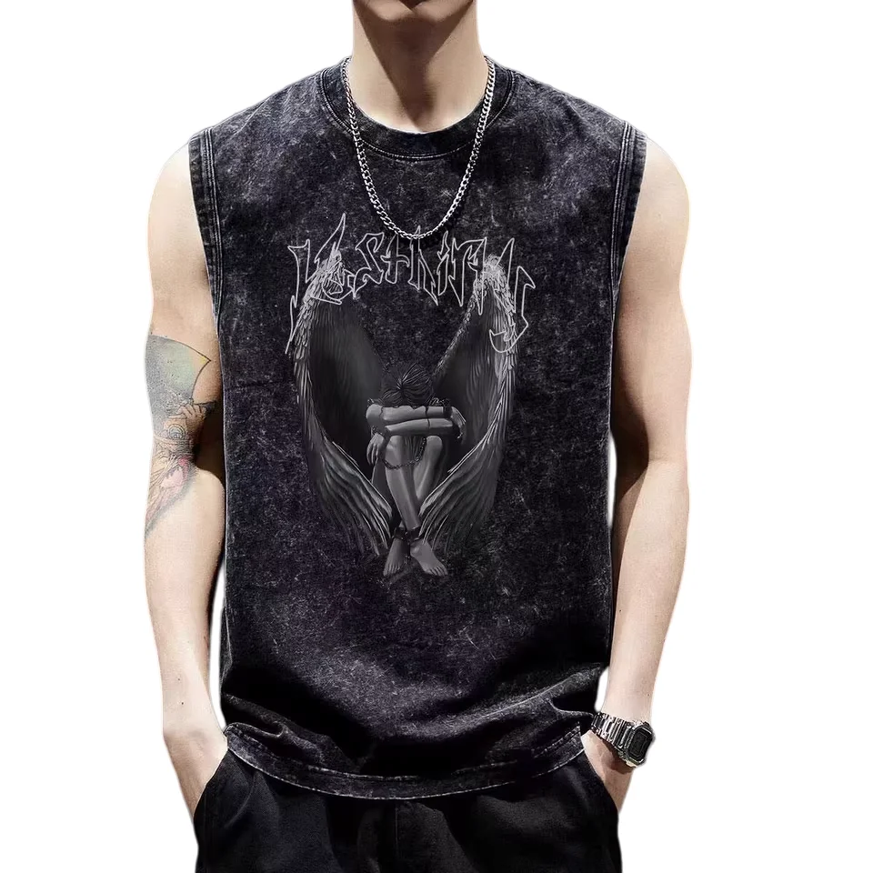 Gothic Punk Vest Man 2026 Summer American Street Vintage Washed Angel Print Sleeveless Tank Tops For Men Casual Hip Hop Top