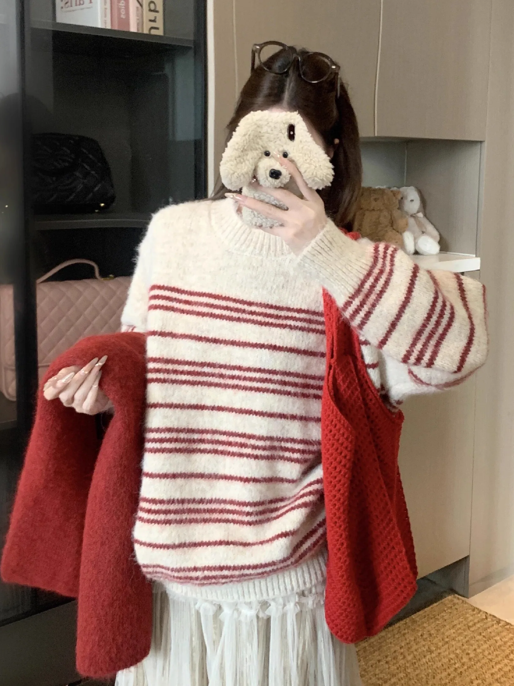 Maglione pullover coreano Sle rotondo Ne Thiened Sciarpa dimagrante casual autunno inverno Faion da donna a righe larghe calde