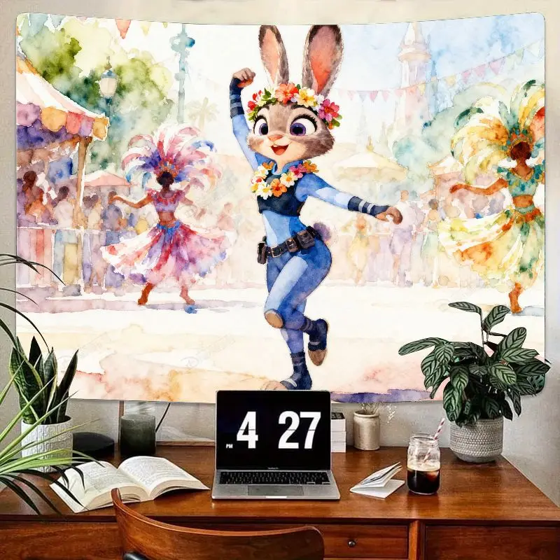 

1 шт. Zootopia Judy Hopps яркий акварельный гобелен для тропических танцев, современный полиэстер, настенное искусство, декор для гостиной, спальни, подарок для