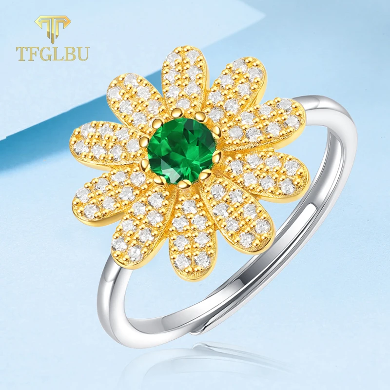 TFGLBU New Daisy Cultivating Emerald Vintage Ring for Women Shine Green Gem Solid 925 Silver Party Gift Charm Luxury Jewelry