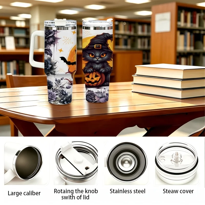 40oz Halloween Witch Black Cat Pumpkin Bat Purple Rose Print Insulated Stainless Steel Travel Tumbler With White Handle Large Thermal Cup Holiday Gift