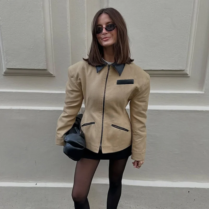 Leather Lapel Collar Double-head Zipper Short Jacket Casual High Street Style Coat 2025 Autumn Fashion Women's Clothing