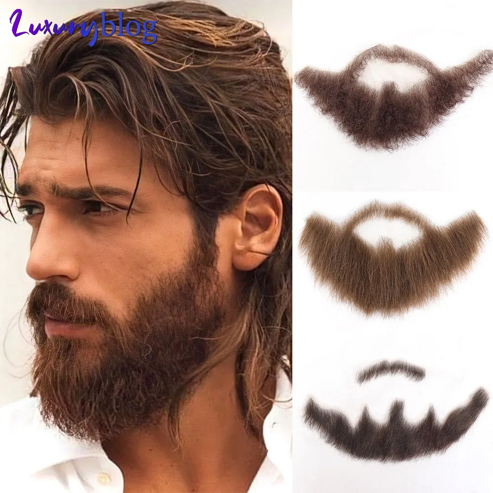 Brown Curly Fake Beard 100% Human Hair Realistic False Beard Lace Invisible Fake Mustache for Men Makeup Facial Hair