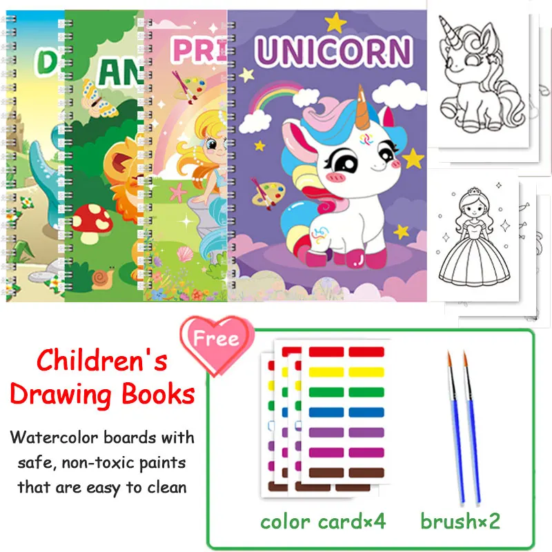 Livre de coloriage aquarelle Montessori pour enfants, avec planche à peinture et pinceaux intégrés, cadeau d'art éducatif et créatif pour enfants