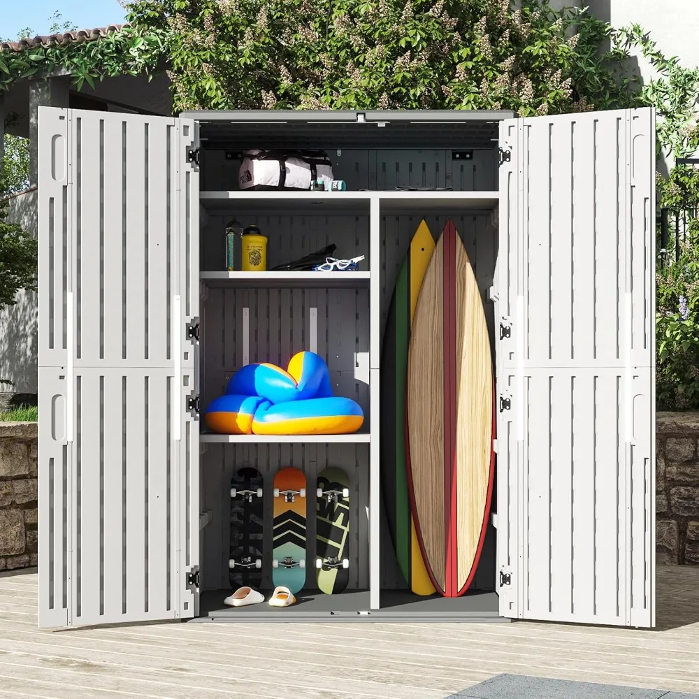 

64 Cu.Ft Outdoor Storage Shed w/Shelving Kit and Floor, Waterproof Horizontal Resin Cabinet for Trash Cans, Lawn Mowers,Shed