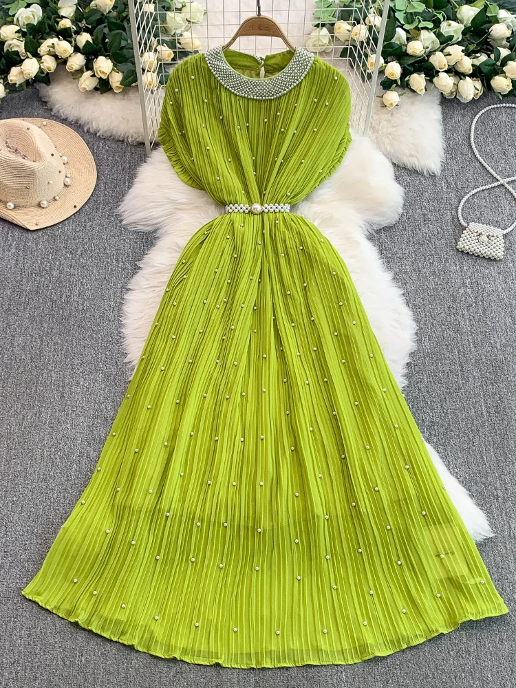 2025 vestido ligero de lujo de celebridad de industria pesada con cuentas y cuello redondo para mujer, vestido largo elegante plisado fino con cintura de verano, Ropa nueva