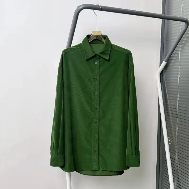 Fall and Winter New Women Tops Cotton Green Corduroy Classic Basic Shirt