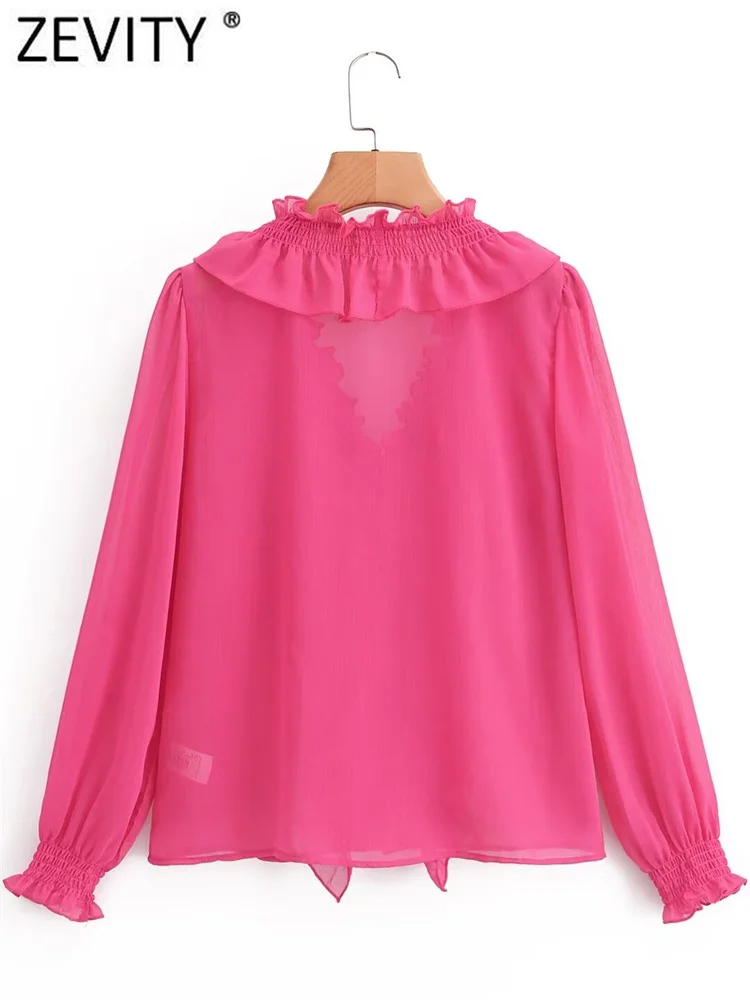 Zevity Women Fashion V Neck Cascading Ruffles Solid Chiffon Blouses Lady Chic Long Sleeve Elastic Slim Shirt Blusas Tops LS330