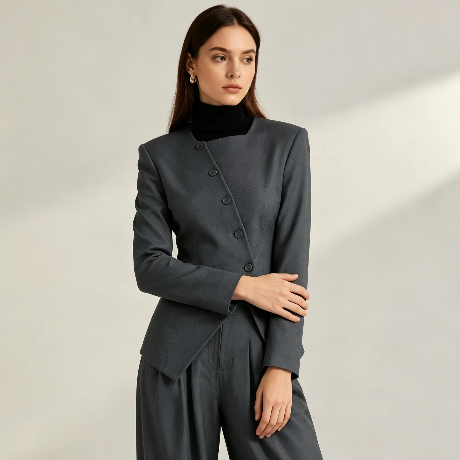 RU Women Round Neck Diagonal Button Tailored Blazer Fitted Waist Suit Jacket Autumn Winter Office Commuter Look
