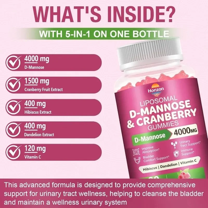 Liposome D-mannose Gummies 4000mg Cranberry 1500mg and Hibiscus, Female Urethral Immune Liver Health Supplement