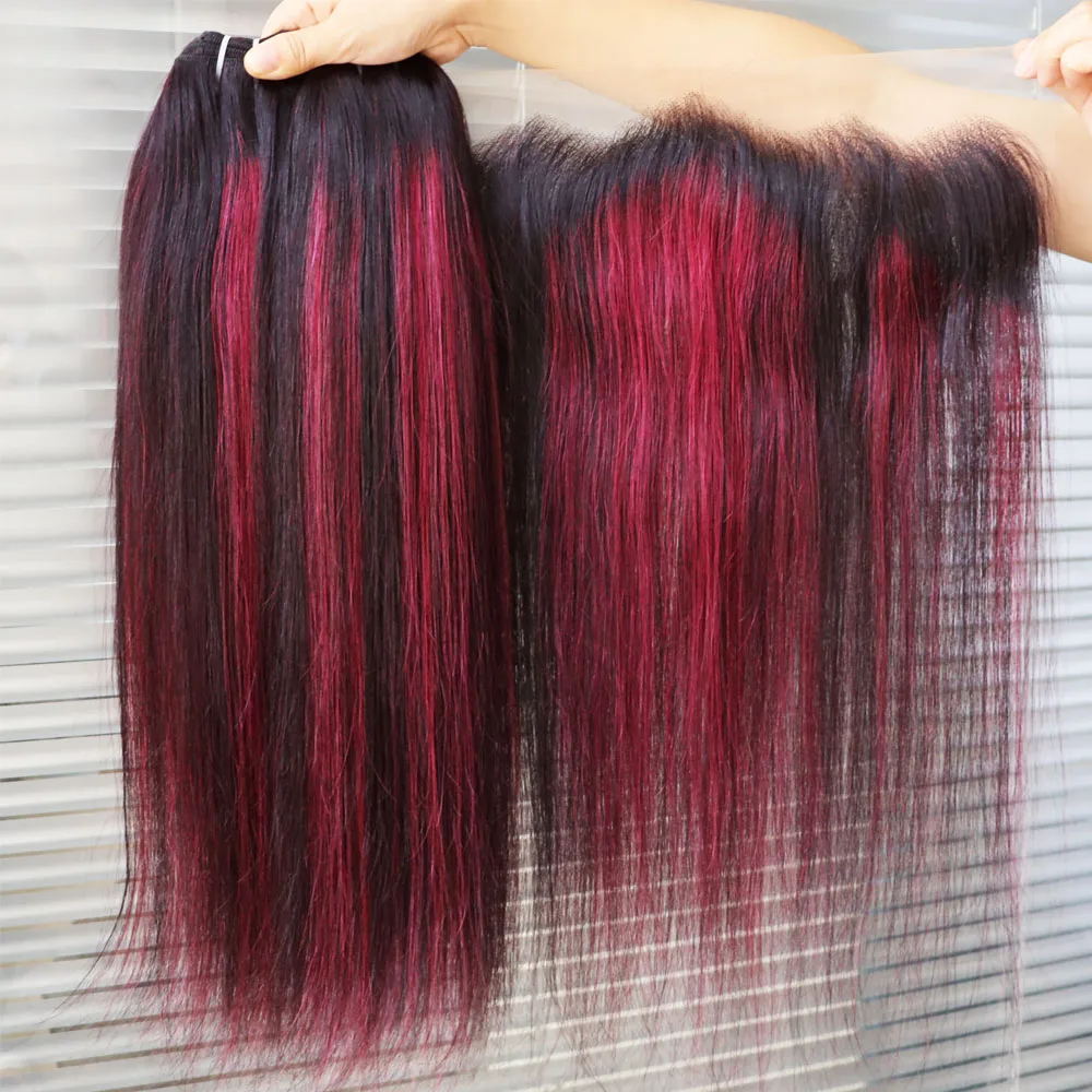 الجملة حزم الشعر البشري مع الدانتيل إغلاق أمامي شفاف 4x4 5x5 13x4 13x6 تسليط الضوء على 1B الأحمر الأرجواني الوردي عذراء الشعر