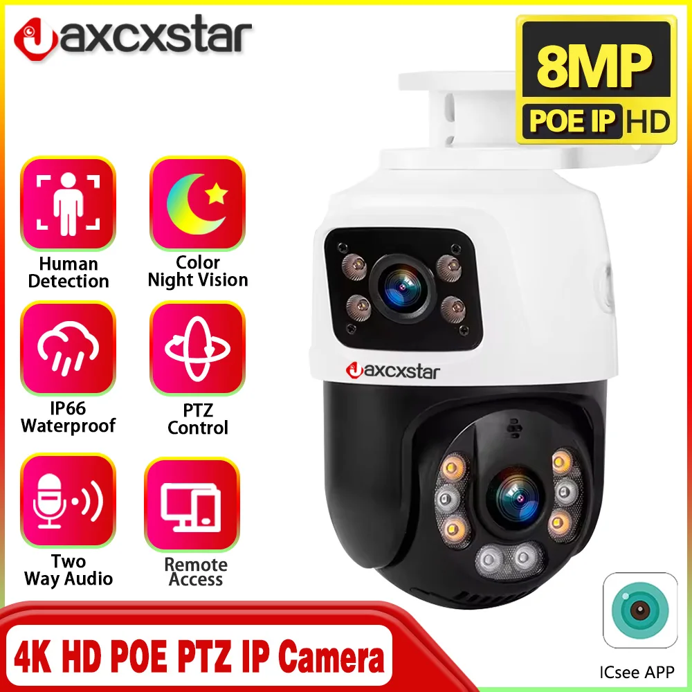 4K 8MP Outdoor Dual Lens PTZ 6MP POE IP Camera Home Security Camera Video CCTV Surveillance iCSEE Dual-Screen 10CH POE NVR P2P