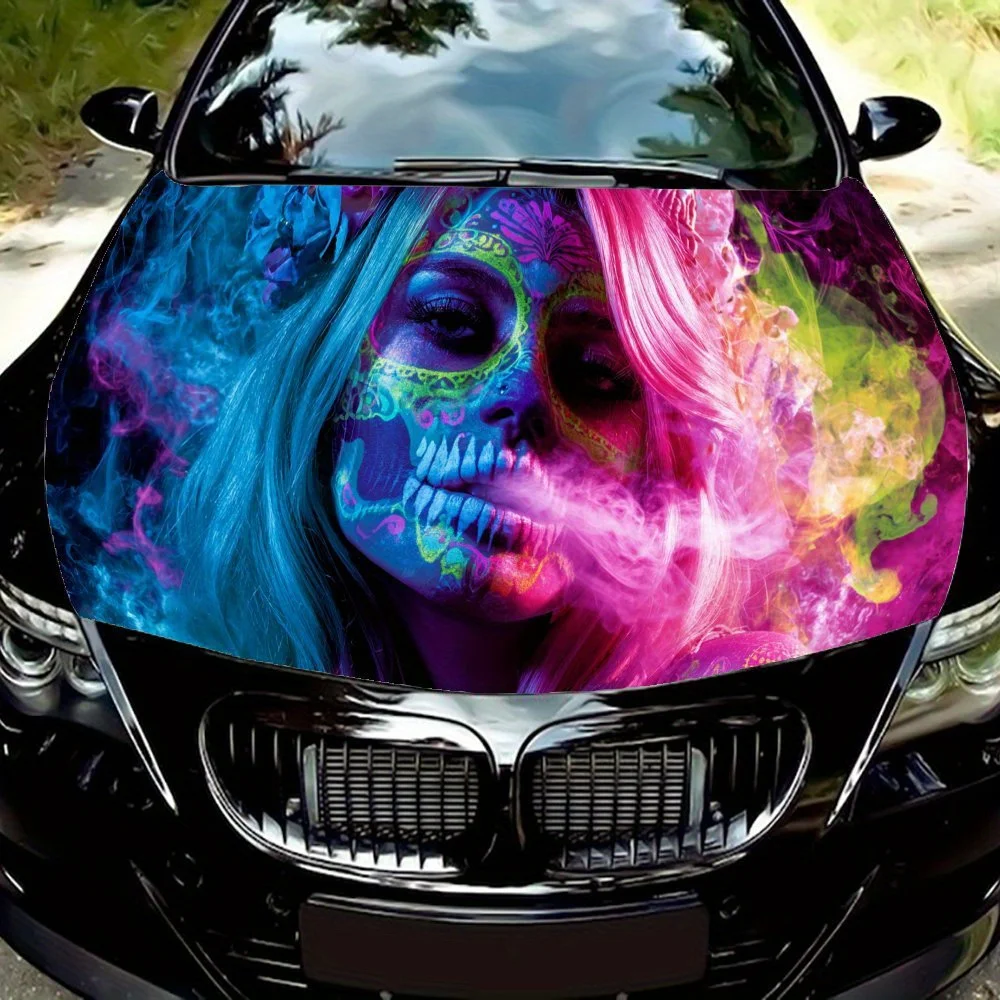 

Colorful Skull - faced Woman PVC Car Vinyl Wraps, Self-Adhesive Waterproof Car Hood Decal Sticker, Car Decoration Protection Sti
