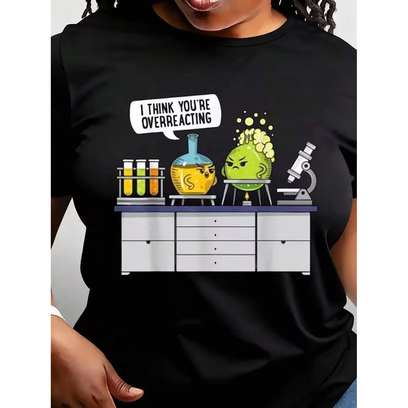 Women's Casual Tops, Funny Science Lab Cartoon Print, Overreacting Chemical Reaction Graphic, Short Sleeve Crew Neck Tee, Humor Scientist Gift