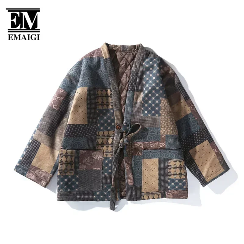 Winter Men Vintage Print Robe Padded Cotton Cardigan Jacket Japanese Streetwear Loose Causal Kimono Parkas Coat Women