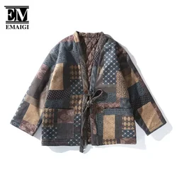 Winter Männer Vintage Print Robe gepolsterte Baumwolle Cardigan Jacke japanische Streetwear lose kausale Kimono Parkas Mantel Frauen