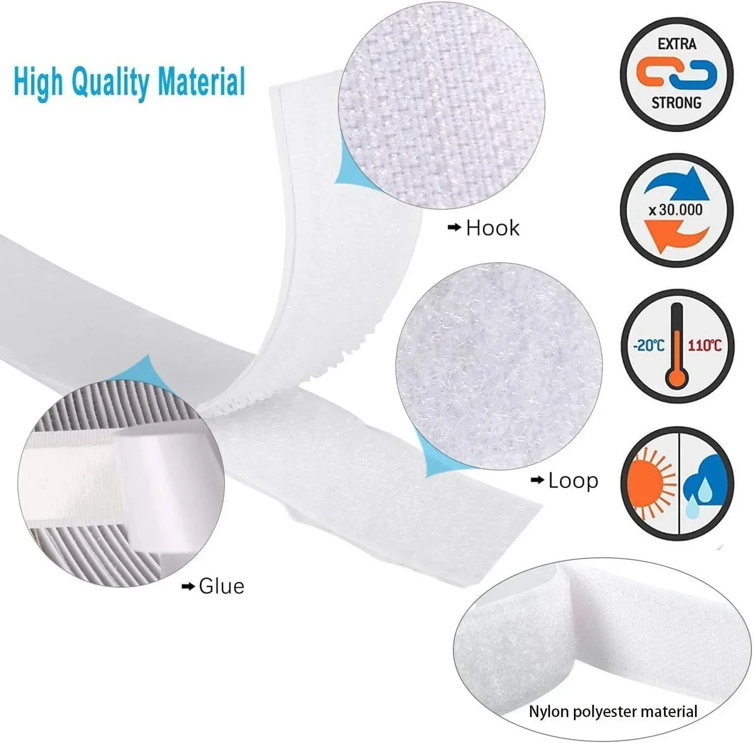 1/2/5M Heavy Duty Double Sided Self Adhesive Hook and Loop Tape for Home DIY Window Screen Door Backpack Craft