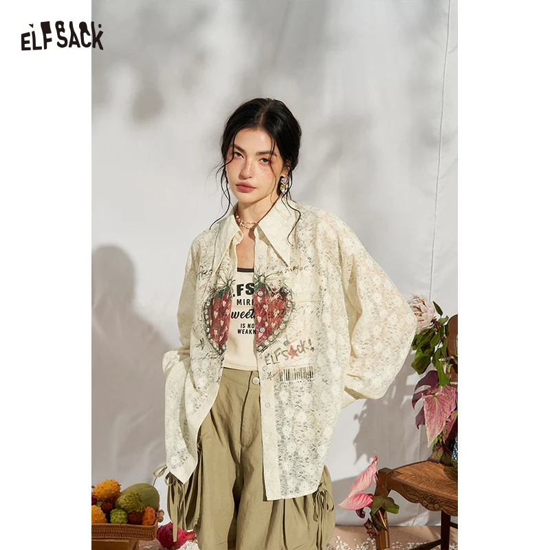 

ELFSACK Cute Strawberry Print Lace Shirt, Pointed Collar Puff Sleeve Romantic Court Blouse, Long-Sleeve Summer Outerwear