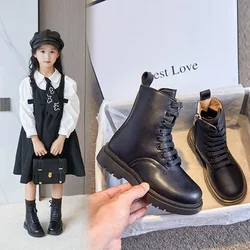 Girl Leather Long Microfiber Skin Fleece Performance High Tube Cotton Fashion Boots Children Girls Lace-up Round Toe Boots