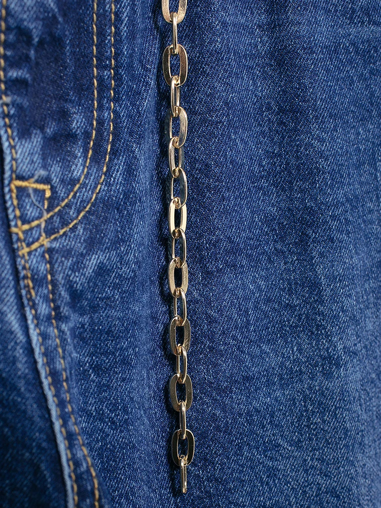 KUCLUT أزياء النساء مع حزام الدنيم الأزرق الجبهة زيبر السراويل المستقيمة الجينز خمر عالية الخصر كامل طول السراويل النسائية