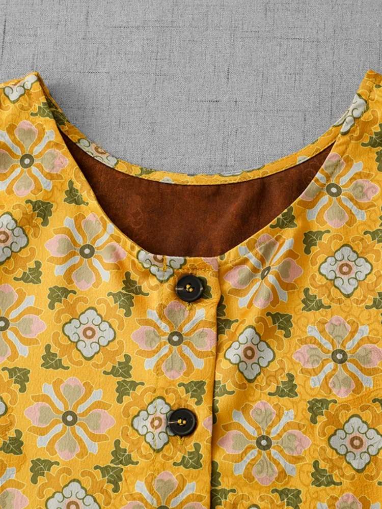 เสื้อกั๊กพิมพ์ลายดอกไม้สีเหลืองสำหรับผู้หญิง ฤดูร้อน ดีไซน์โดดเด่น สวยงาม สวมใส่สบาย เหมาะสำหรับการเดินทาง ทรงปกติ...