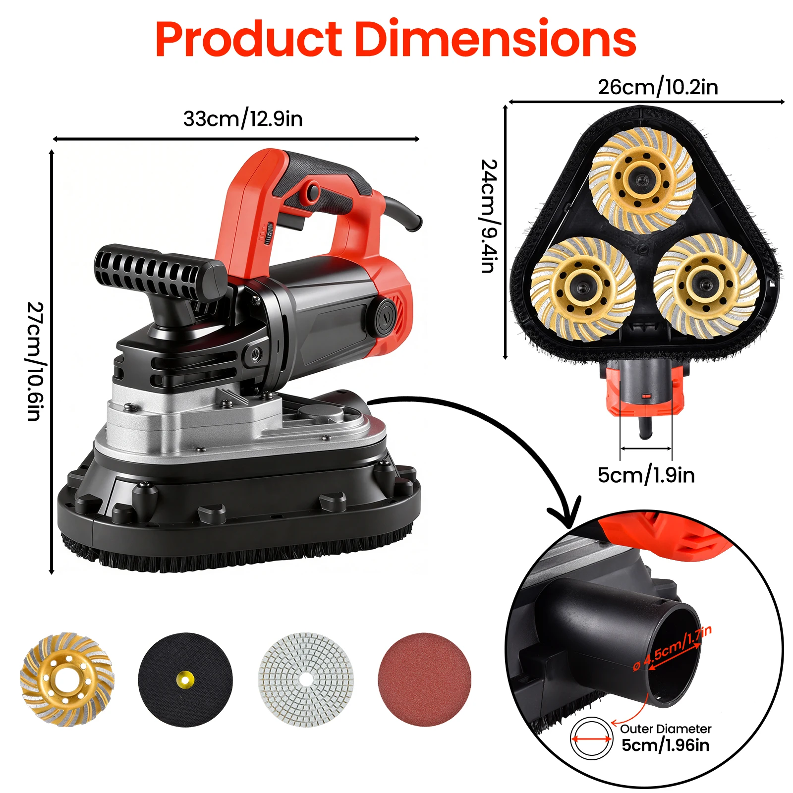 3-Head Concrete Grinder 2450W Floor Polishing Machine, Triple-Axis Design with 6 Variable Speeds, Professional Sander for Grinding Cement Marble Granite and Epoxy Floors