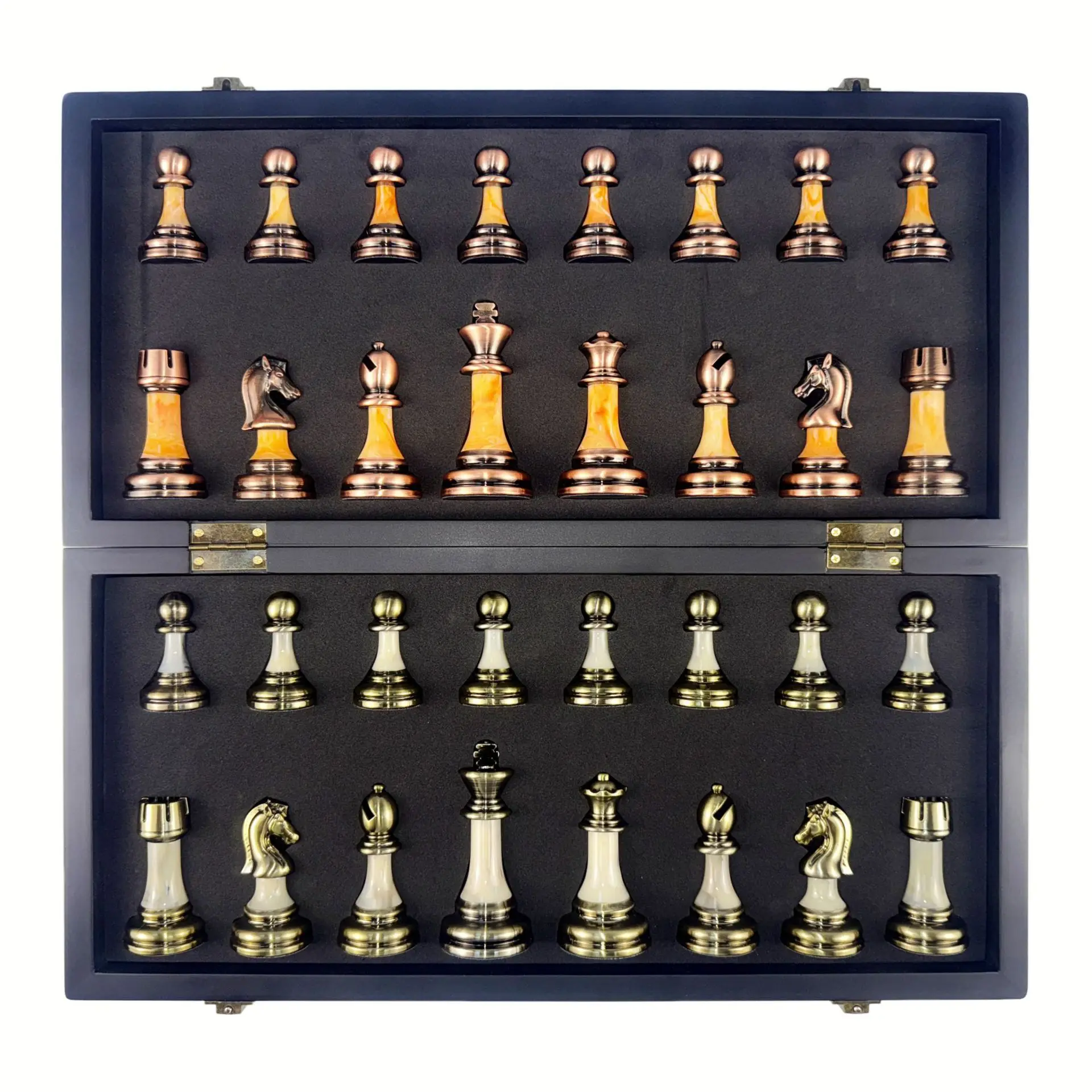 Wooden Chess Set for Students, Foldable Board with Copper-like and Jade-patterned Pieces, Intellectual Education, 15 in