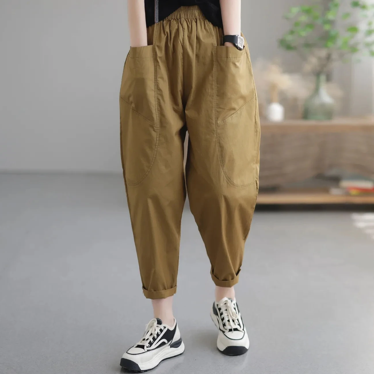 Women Casual Harem Pants Autumn New Elastic Waist Loose Thin Solid Color Trousers Retro Fashion Casual Daily Wear Streetwear
