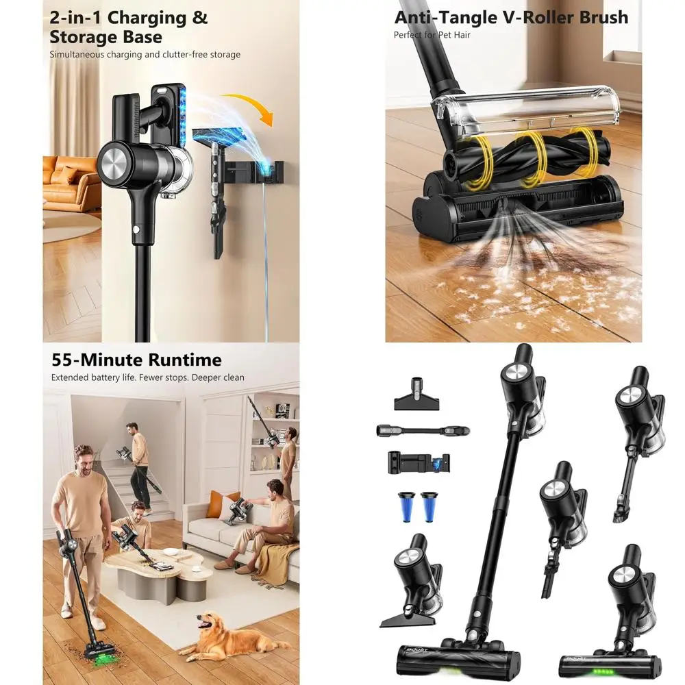 

46Kpa Powerful Cordless Vacuum Cleaner, 55-Minute Runtime, Self-Standing with Rechargeable Dock, LED Display, Anti-Tangle, Ideal