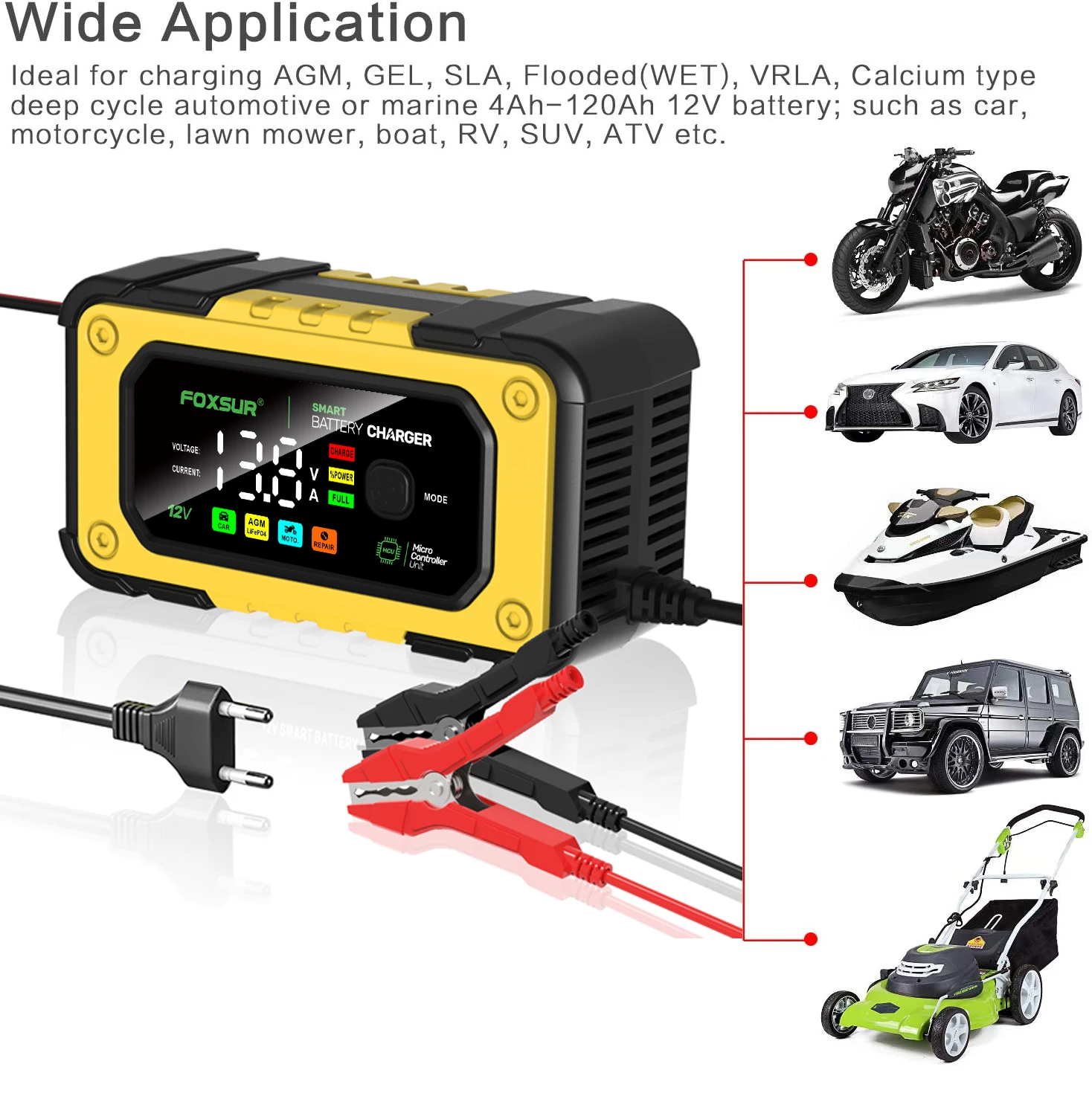 FOXSUR Smart Car Battery Charger for 12V 7A AGM GEL LiFePO4 Batteries Desulfator Motocycle Fast Charging Maintainer with Repair