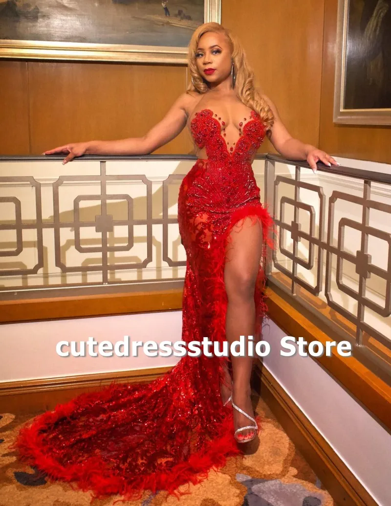 Sexy Red Feathers Mermaid Prom Dresses 2024 Sheer Neck Sequin African Women Split Party Gowns Graduation Dress Customized