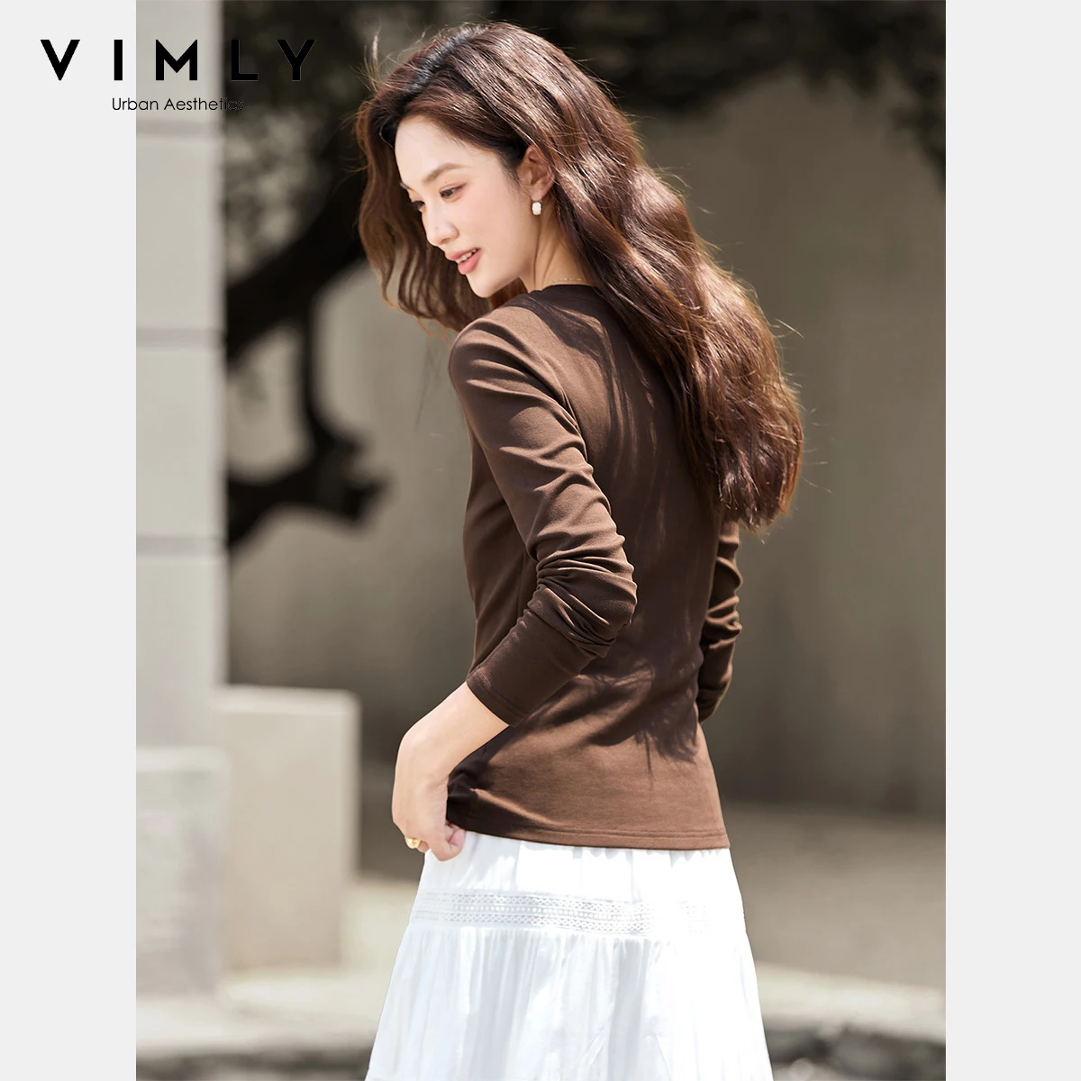 VIMLY Cotton Woman Brown T-shirts Letter Printing O-neck Casual Ladies Tees 2025 Autumn Slim Ladies Long Sleeve Knit Tops A2060