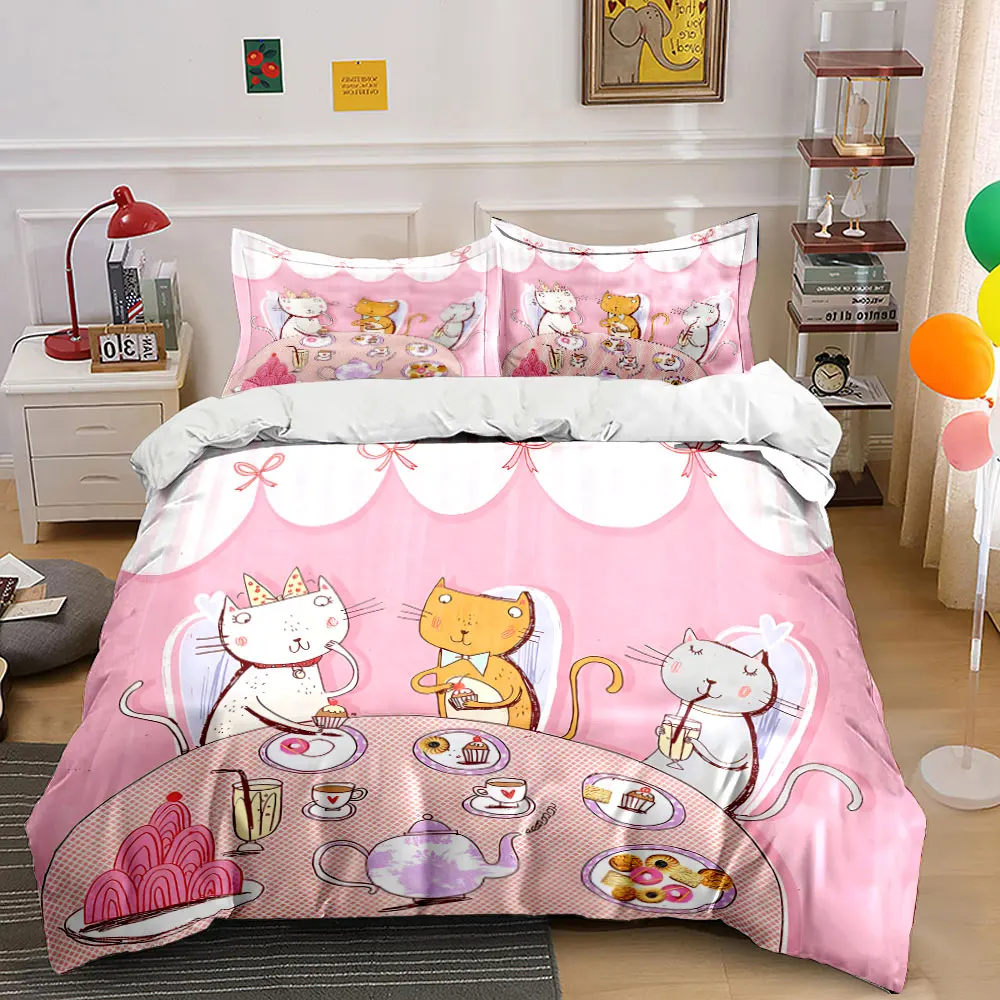 Cute cats' tea party Pattern Duvet Cover Set Digital Print Colorful Polyester Bedding with Zipper Closur for kids gifts