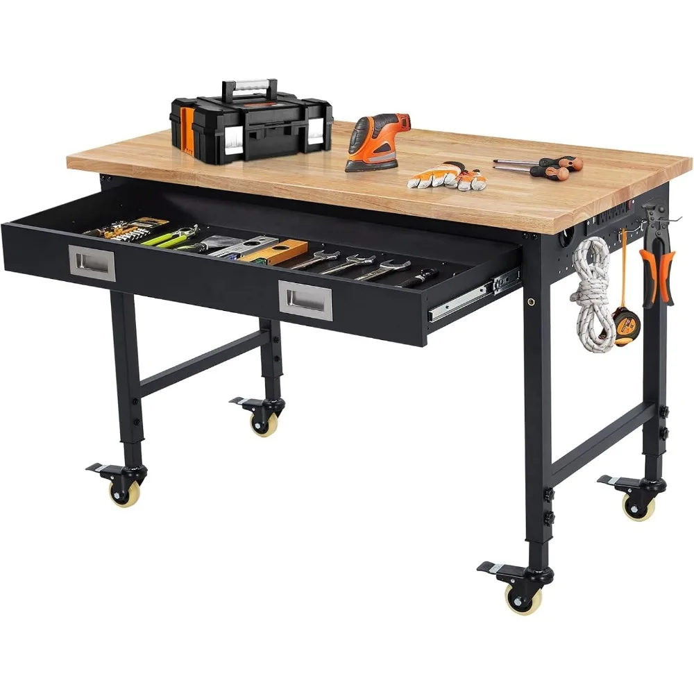 

Workbench Adjustable Height Worktable, Heavy Duty Rubber Wood Top Workbench with Drawer Storage