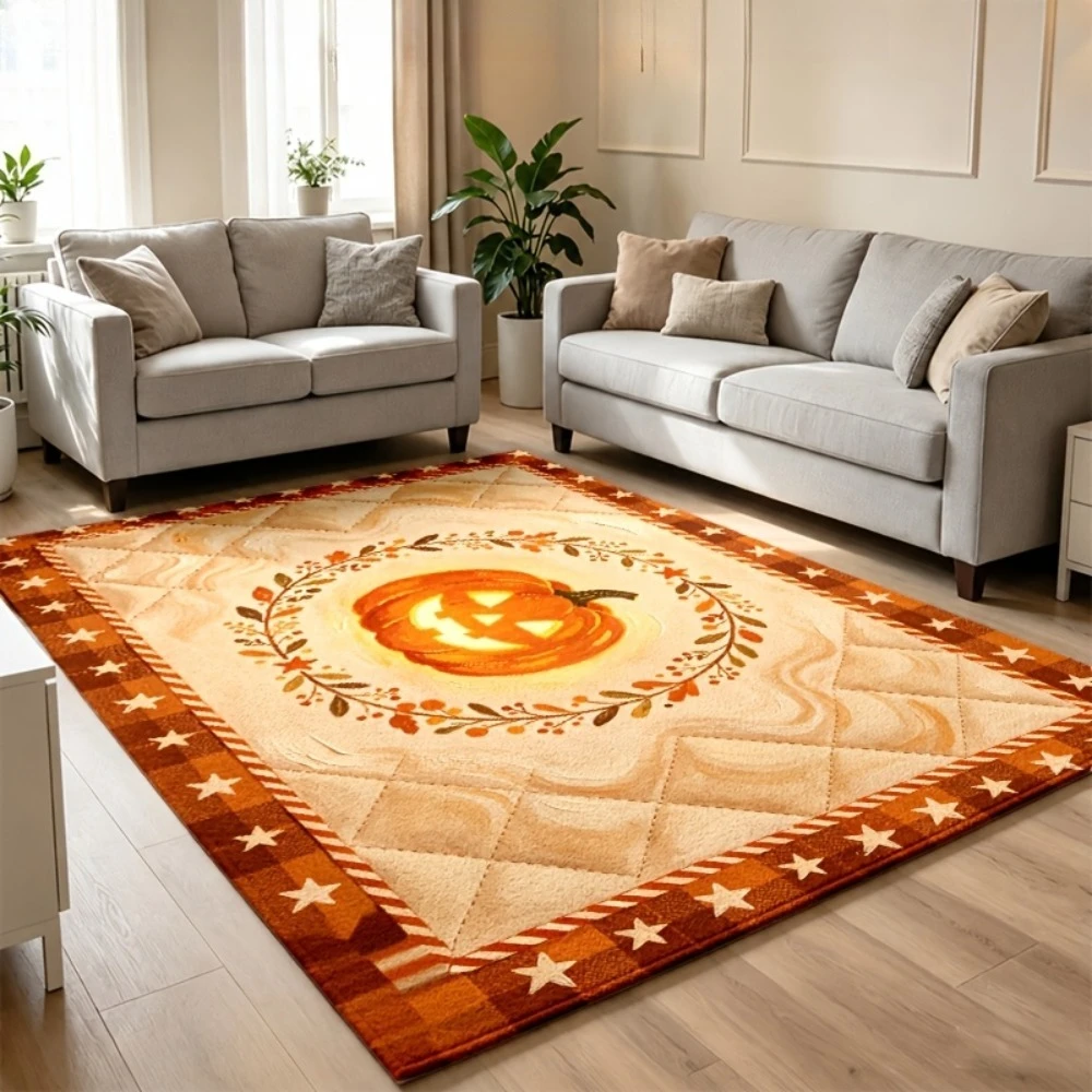 Vintage Halloween Rectangle Area Rug,Ghost Pumpkin Witch Hat Bat Printed Floor Carpet,Spooky Season Living Room Decor