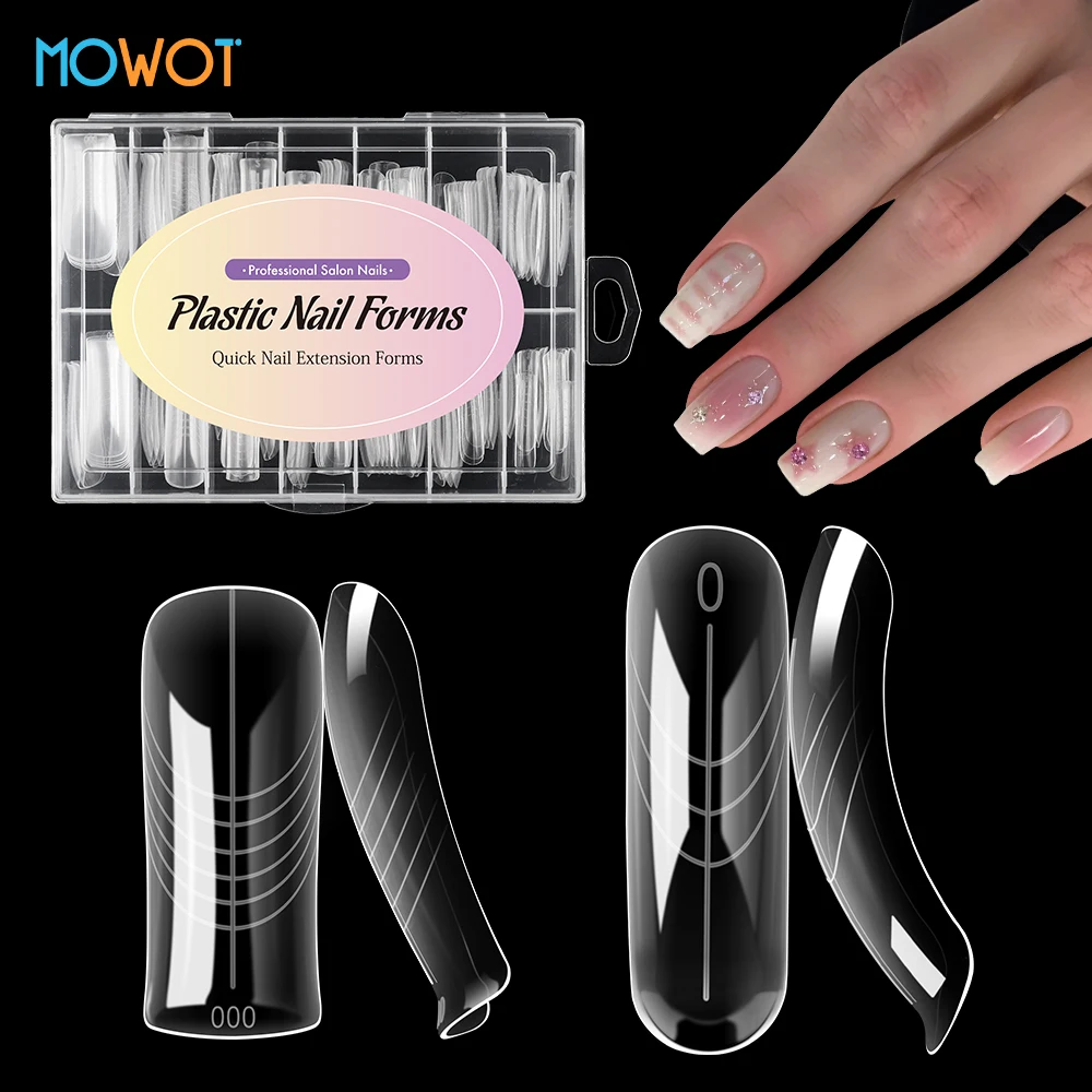 

MOWOT 140pcs/150pcs Clear Dual Nail Forms for Nail Extension Quick Building Gel Molds Reusable Full Cover Top Forms 14/15 Sizes