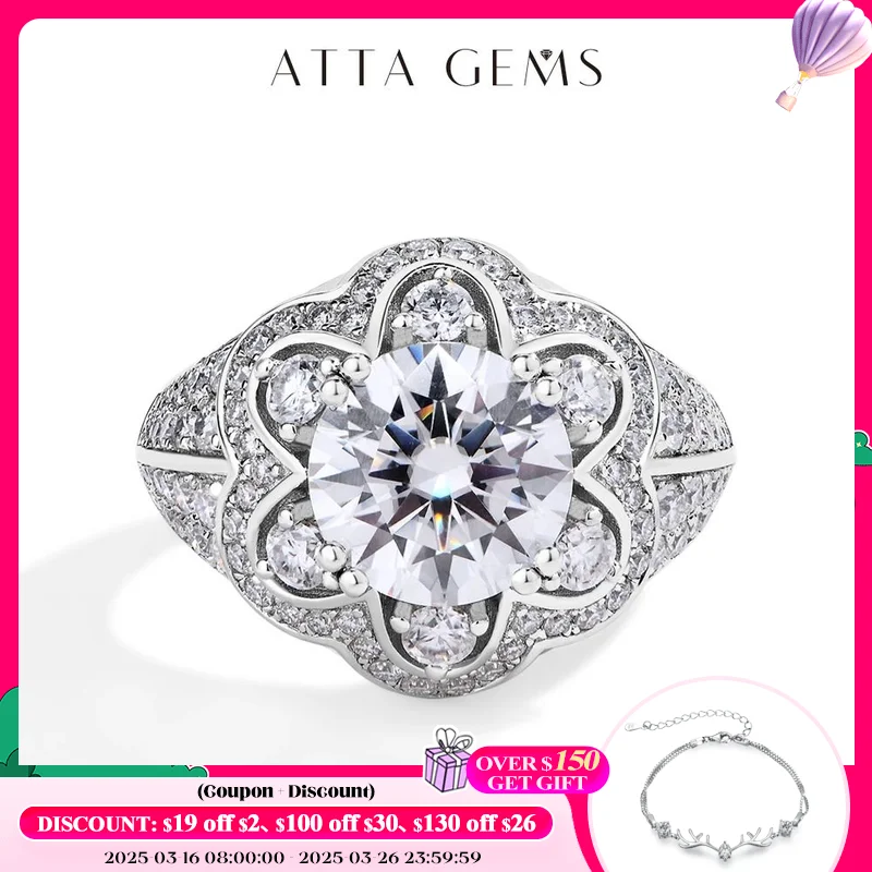 

ATTAGEMS Luxury 3.0CT Moissanite Rings for Women Full D Color VVS1 Lab Diamond S925 Sterling Silver Flower Shape Wedding Jewelry