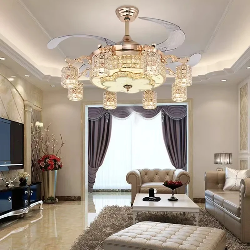 LED Crystal Gold Fan Lights Living Room Bedroom Modern Restaurant Fan With Remote Control Luxury 110V