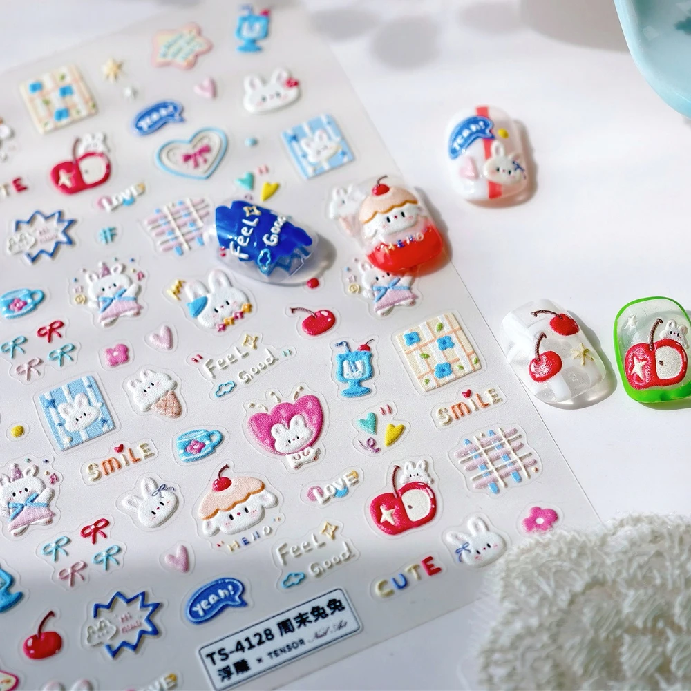 

Cute Cartoon Rabbit Ice Cream Apple Bowknot Love Graffit 5D Embossed Self Adhesive Nail Art Stickers Lovely Manicure Decals