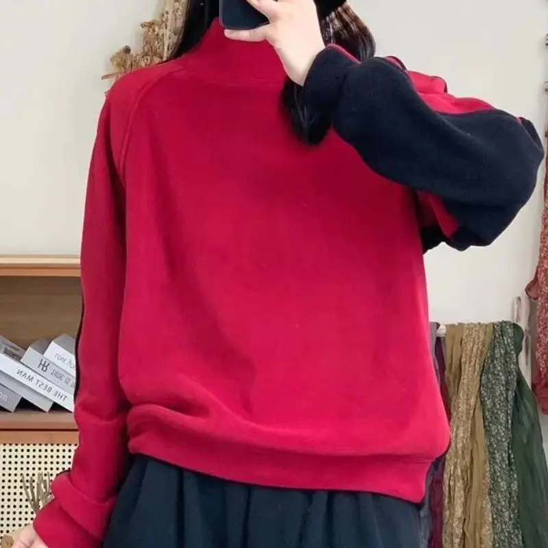 Solid Patchwork Long Sleeve Pullover Sweatshirt Elegant Fashion Harajuku Slim Fit Tops Women Loose Casual All Match Tops Women