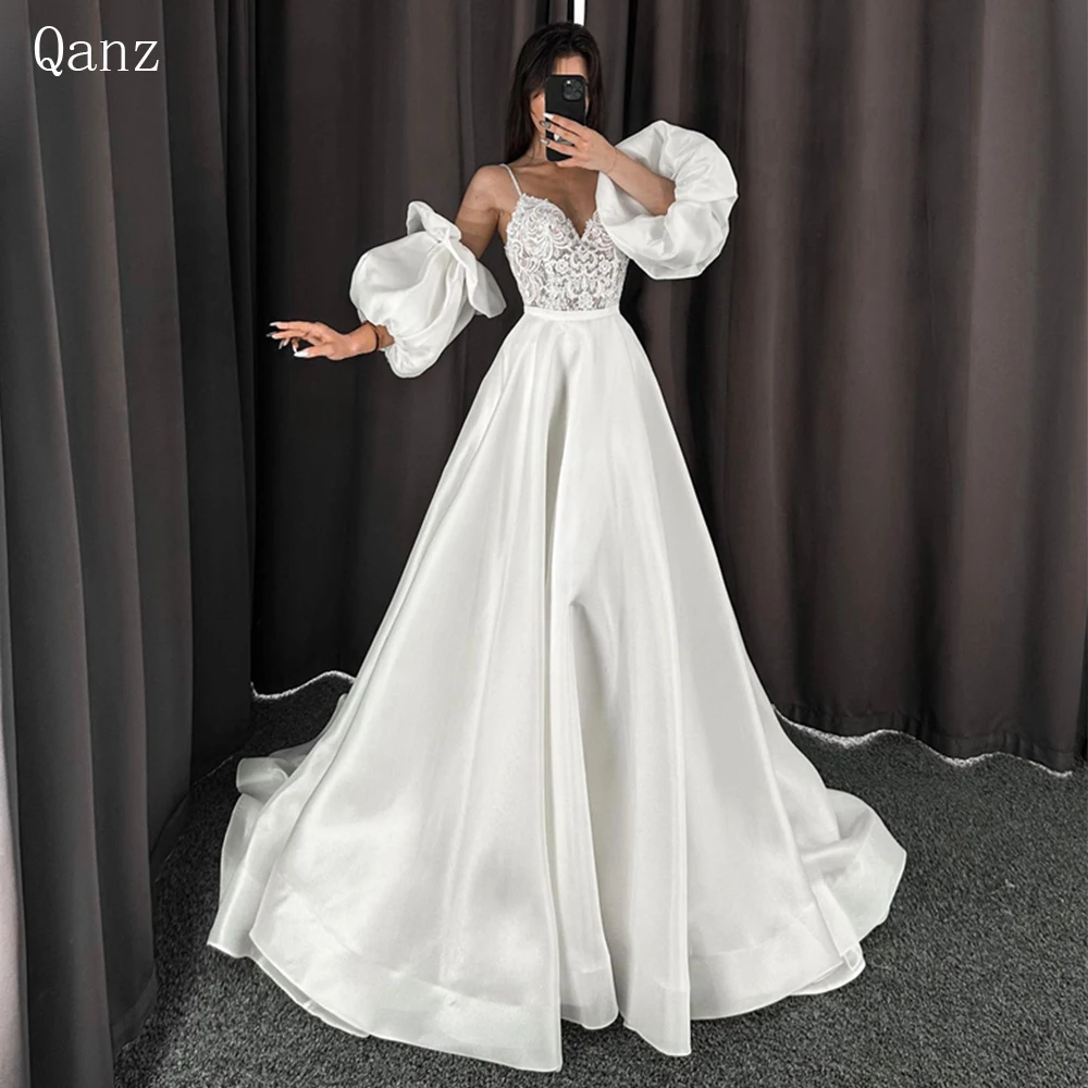 

Qanz Sweetheart A-line Wedding Dress Spaghetti Straps Bride Gown Appliques Puff Sleeves Custom Made Robe De Soirée De Mariage