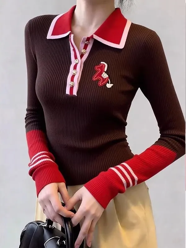 

Spring Vintage Color Blo Ne Knitwear Women's Slim Fit Long Sve Top Casual Sle Soft Fabric Comfortable Wear