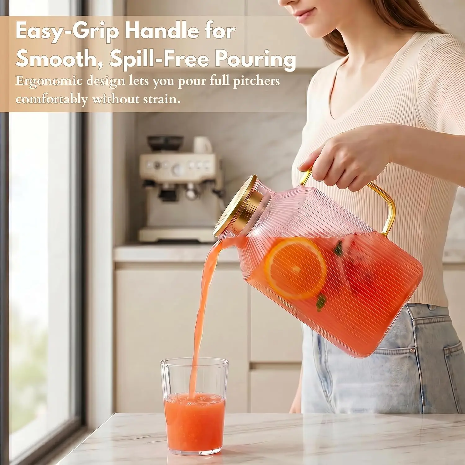 Glass Pitcher with Lid, 2 Pack 1 Gallon Ribbed Pink Glass Square Water Carafe with Spout, Airtight Seal Thickened Pitcher for Fridge, Hot/Cold Brew, Iced Tea, Coffee, Juice