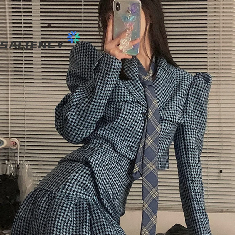 Blazer Skirt Set Women Spring 2021 Retro Short Houndstooth Jacket and High Waist Folds Skirt Korean Fashion Clothing for Womens