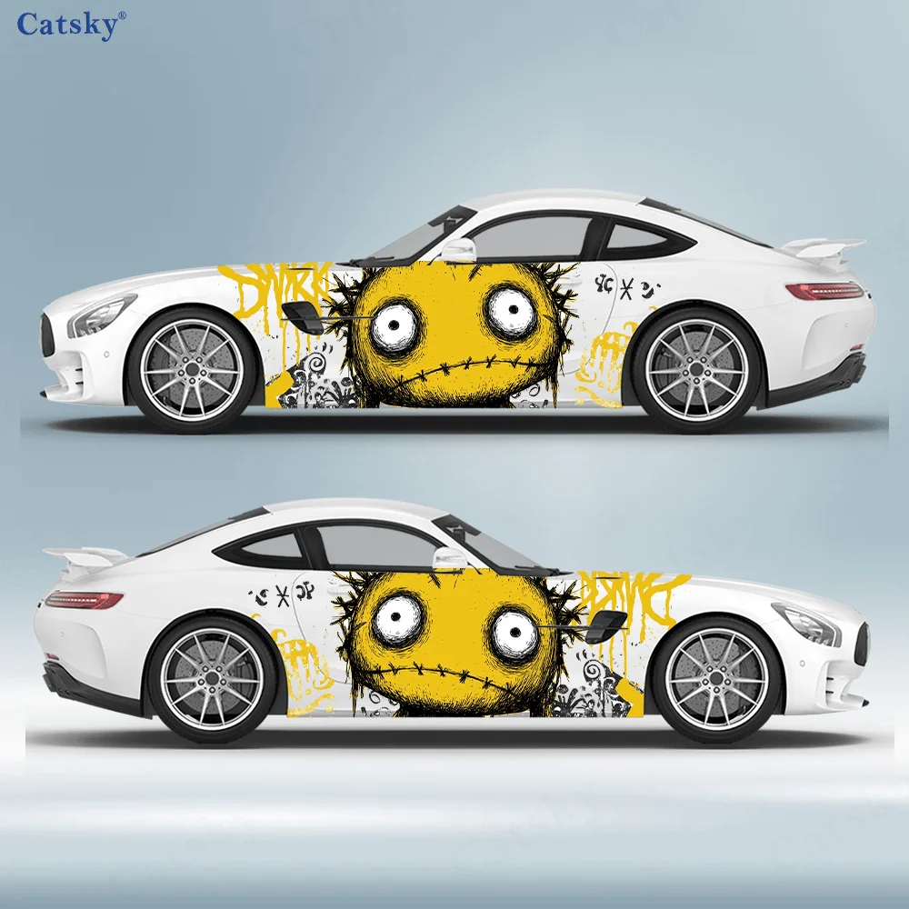 

Yellow Patchwork Big Eyes Doll Car Side Car Wraps, Self-Adhesive PVC Waterproof & Scratch-Resistant Stickers, Car Accessory Gift