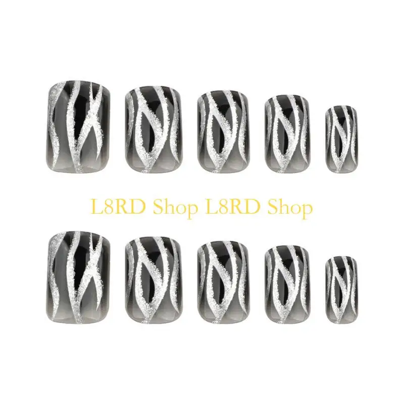 L8RD 24x uñas postizas con gradiente negro, prensa cuadrada para uñas, uñas acrílicas brillantes