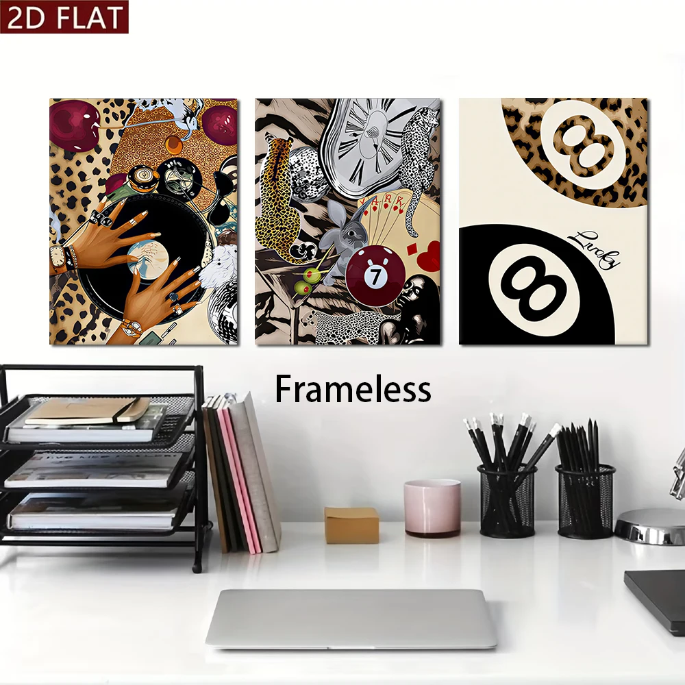 1 set of modern abstract triptych frameless decorative paintings, retro leopard print vinyl records, billiards elements, living
