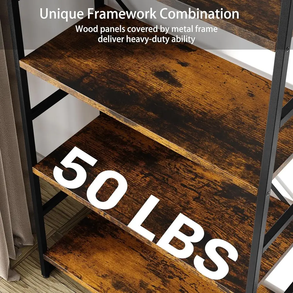 5-Tier Arched Bookshelf - Rustic Brown, Storage Organizer for Home Office and Living Spaces